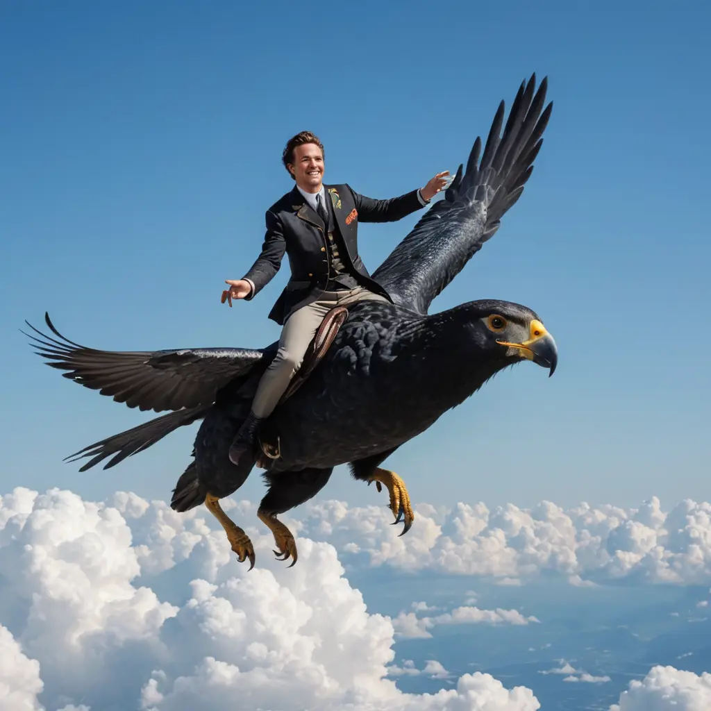 رجل يركب على طائر لديه اربع ارجل ولطيف وجميل في السماء
