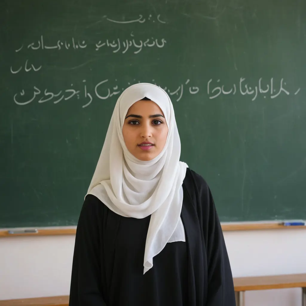 بنت عربية محجبة تقف في المدرسة تشرح للطلاب امام السبورة مكتوب غلي السبورة التي خلفها المبتدا والخبر عمرها 27 عام ترتدي درس وحجاب