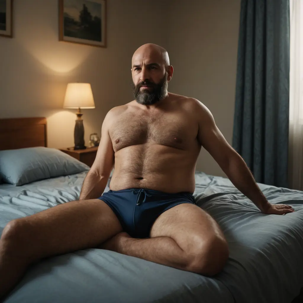 رجل أصلع في الخمسينيات من عمره، ذو لحية كثيفة وملامح سعودية مميزة وبطن ممتلاء سمين قليلا ، مستلقٍ على سريره مرتديًا سروال سباحة أزرق داكن. شعر صدره بارز، وبطنه فاتح. الغرفة مضاءة بشكل خافت بأشعة شمس المساء الدافئة التي تتسلل من خلال الستائر الشفافة، وتلقي بظلالها اللطيفة على الجدران. المشهد ينضح بشعور من الراحة والاسترخاء. الأسلوب: لوحة زيتية واقعية بإضاءة ناعمة وطبيعية. (فيديو) تتحرك الكاميرا برفق لتكشف عن الرجل مستلقيًا على السرير، مع التركيز على تعبيره الهادئ وهو يسترخي بعد يوم طويل. تبتعد الكاميرا ببطء لالتقاط الغرفة بأكملها، مع التركيز على الأجواء الدافئة والجذابة. ينتقل المشهد بسلاسة إلى الليل، مع تلاشي ضوء الشمس تدريجيًا وإشعال أضواء غرفة النوم برفق. الأسلوب: فيديو سينمائي بانتقالات سلسة وإضاءة طبيعية.