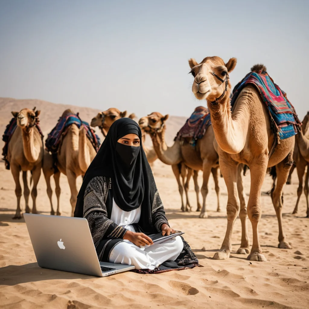 صورة بنت منقبة  بدوية ترعي الابل ومعه لابتوب