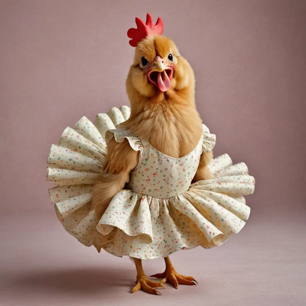 صورة دجاجة ترتدي فستان وتبكي