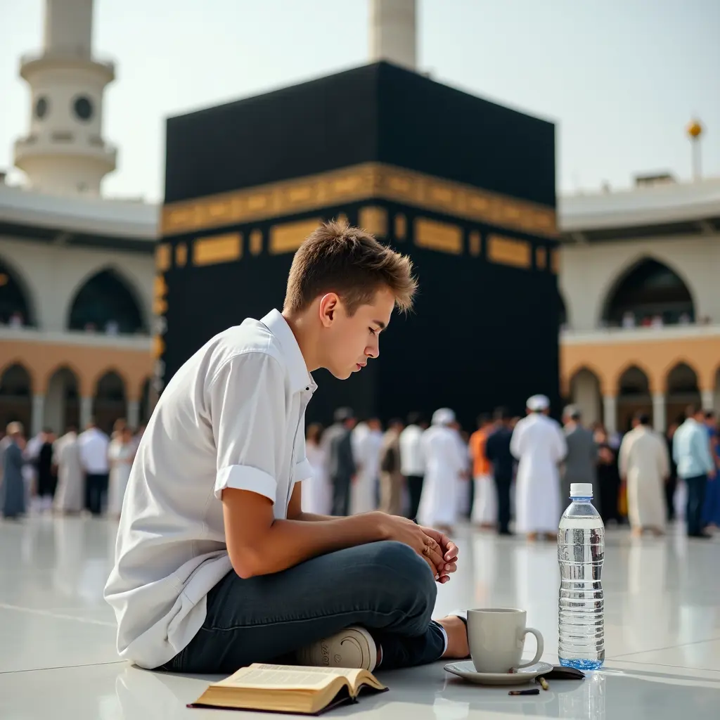 صورة لشاب لجلس امام الكعبة ويبكي ويضع راسه غي الارض ، ووجهة للكعبة ، وبجانبه مصحف وفنجان قهوة وزجاجة مياه ورطب ،