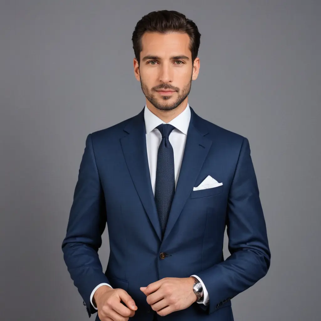 صوره cv رجل يلبس بدله لون البدلة أزرق أو أزرق داكن أو رمادي. يمكن أن تكون منقوشة بشكل خفي