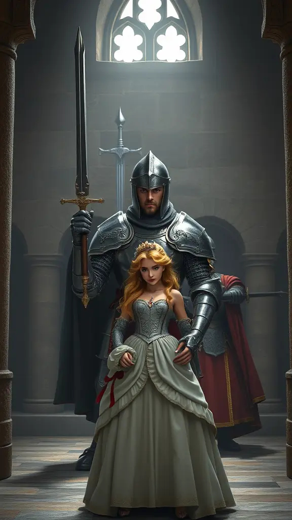 فارس داخل قلعة وراءه فارس يحمل سيف وامامه اميرة جميلة و حارس ضخم