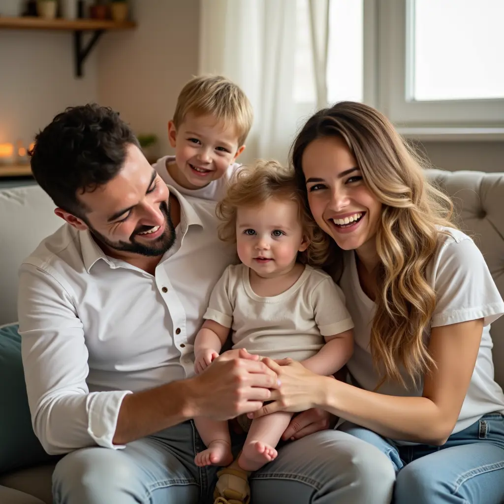 عائلة تتكون من زوج وزوجه وطفل يبلغ من العمر ثلاث سنوات وطفل اخر يبلغ من العمر سنه وهم سعداء