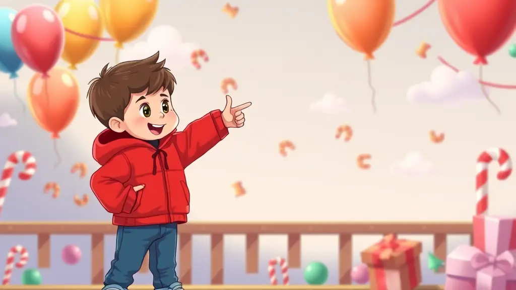 طفلٌ كرتوني يقف على يمين الصورة، يرتدي سترةً حمراء زاهية وبنطال جينز أزرق، ويشير بحماسٍ نحو الجهة اليسرى الخلفية مليئةٌ بتفاصيلٍ غريبةٍ كالبالونات الطائرة، وعصي الحلوى، والغيوم المرحة. يتميز المشهد بأسلوبٍ مرحٍ وحيوي، يُذكرنا برسوم الأطفال الكرتونية الكلاسيكية، بخطوطٍ واضحةٍ وتركيزٍ دقيقٍ يلفت الانتباه إلى إيماءة الطفل.