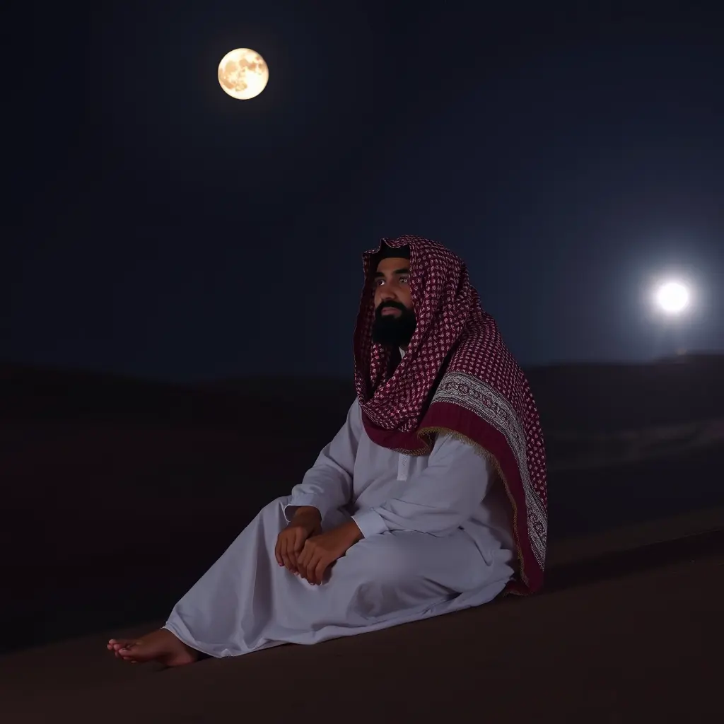 شخص جالس و لابس ثوب و شماغ في صحراء ليل و القمر وشبت ضو