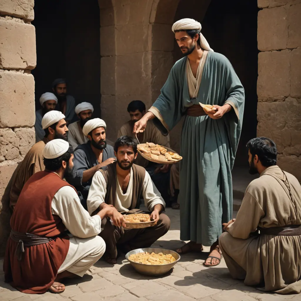 رجل واقف يقدم ويوزع الطعام للرجال جالسيون ويلبسون اللياس المحتشم والصورة ذات نمط يعود ل٢٠٠ ميلادي