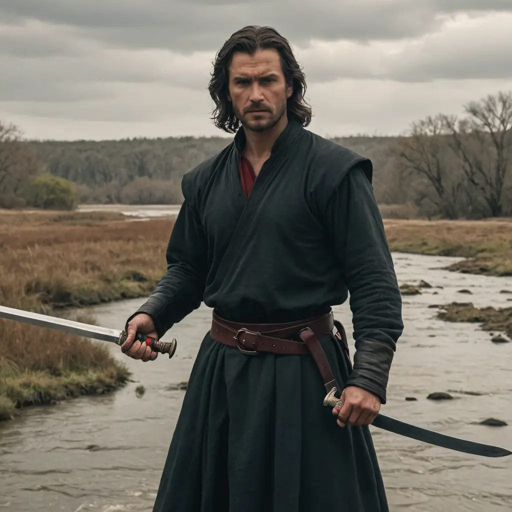 رجل بيده سيف وخلفه نهر لونه احمر