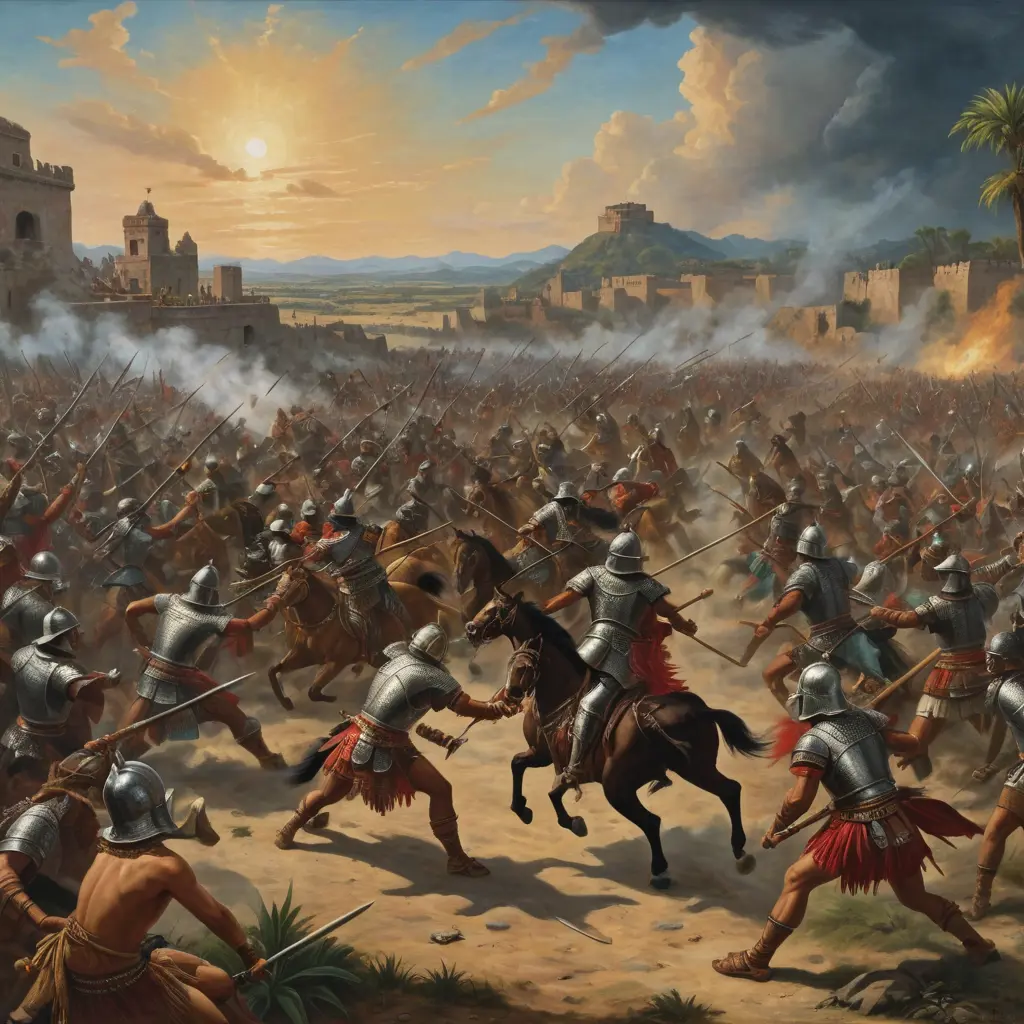 Pintura al óleo de una batalla entre indígenas aztecas y conquistadores españoles en México en 1521. Los aztecas llevan máscaras de leopardos y panteras, y están armados con lanzas, arcos y flechas. Ampliar el espacio del cielo.