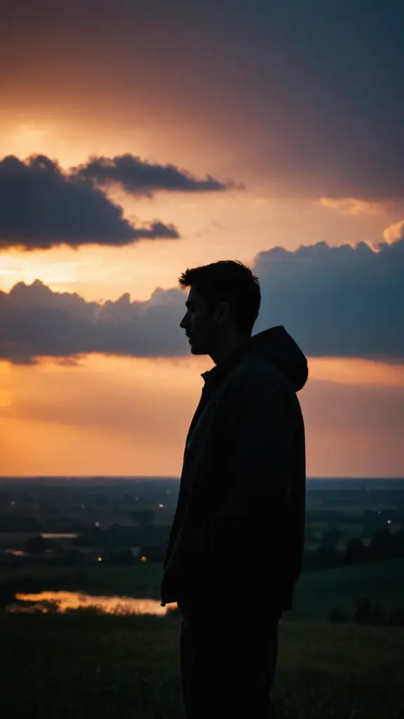 صورة ظلية لرجل عند غروب الشمس، سماء مثيرة، ممطره,خلفيه داكنه