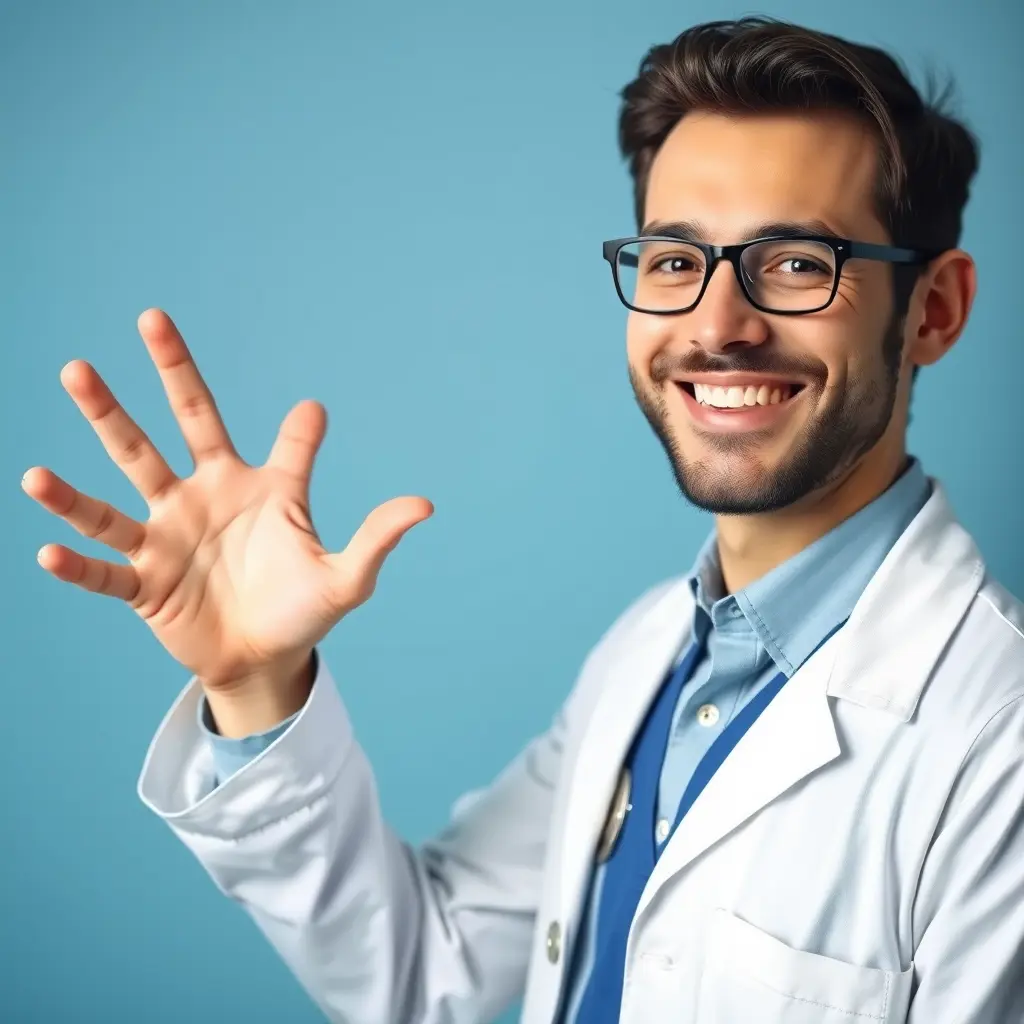 صورة طبيب يبتسم ويبسط يده اليمين مع خلفية الوان زرقاء طبية سادة