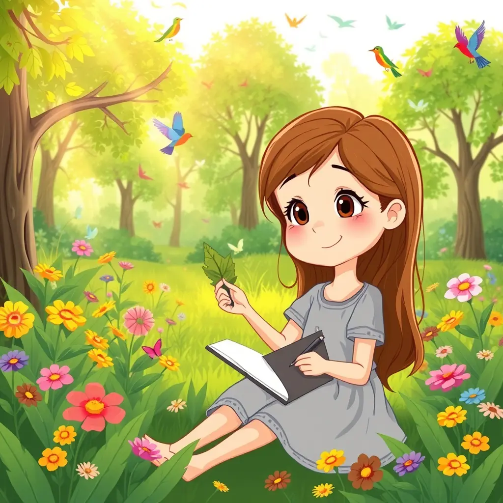" صورة كرتونية فتاة صغيرة ذات شعر بني طويل، تجلس في حديقة خضراء مليئة بالأشجار والزهور الملونة، تلمس ورقة شجرة بإعجاب. تبدو متأملة وسعيدة، تحمل دفترًا صغيرًا وقلمًا، مستعدة لرسم ما تراه. في الخلفية، هناك طيور ملونة تحلق، وأشعة الشمس تتخلل أوراق الأشجار."