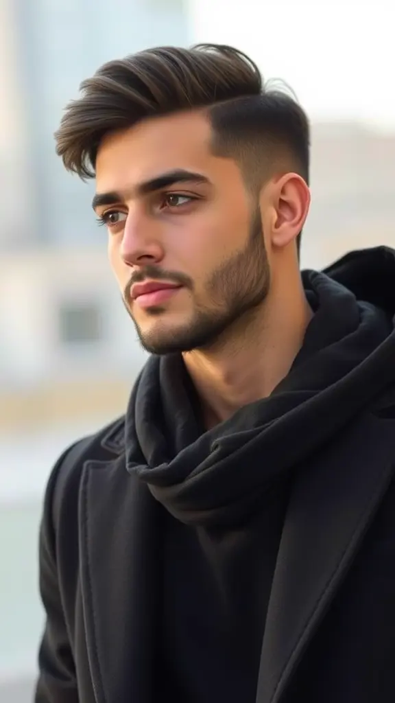 A stylish young Arab man wearing sleek black youthful attire, looking to the side with an attractive youthful beard and smooth, neatly styled hair.