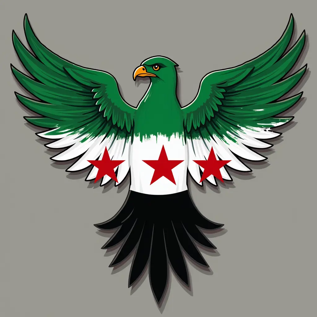 بدي نسر طبيعي للثورة السورية مع علم الثورة السوري من الاعلى اخضر و من المنتصف ثلاث نجوم حمراء و من الاسفل ثلاث الون الاسود