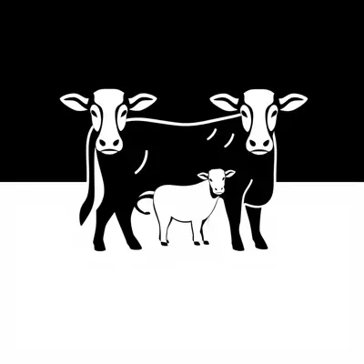 Generate a minimalistic logo in 2d for a company in the animals field. The logo should prominently feature Logo and for and cows and group .