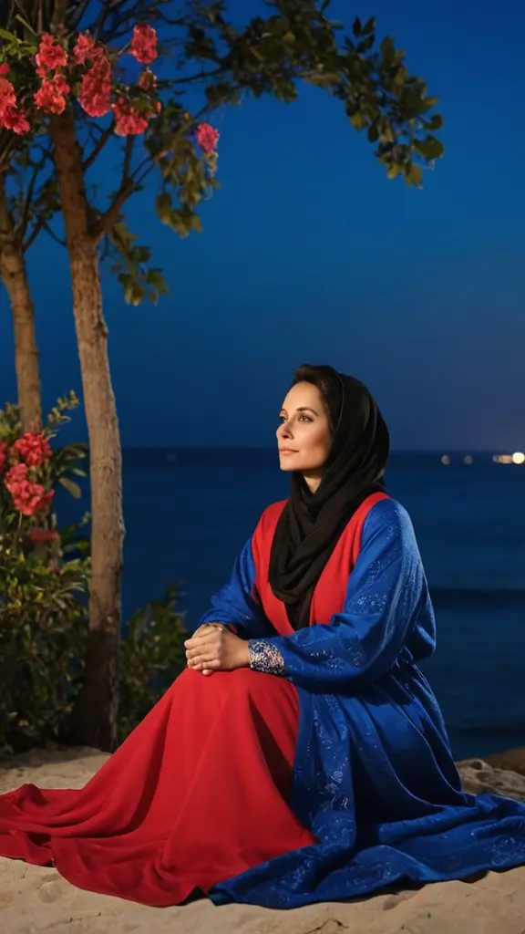 صوره امراه عمرها 40 سنه هادئة و جميلة ترتدى عباءة طويلة لونها احمر وازرق و تجلس علي البحر ليلا تتأمل و من حولها أشجار وزهور تعطيها هواء وهى مطمئنه و هادئه