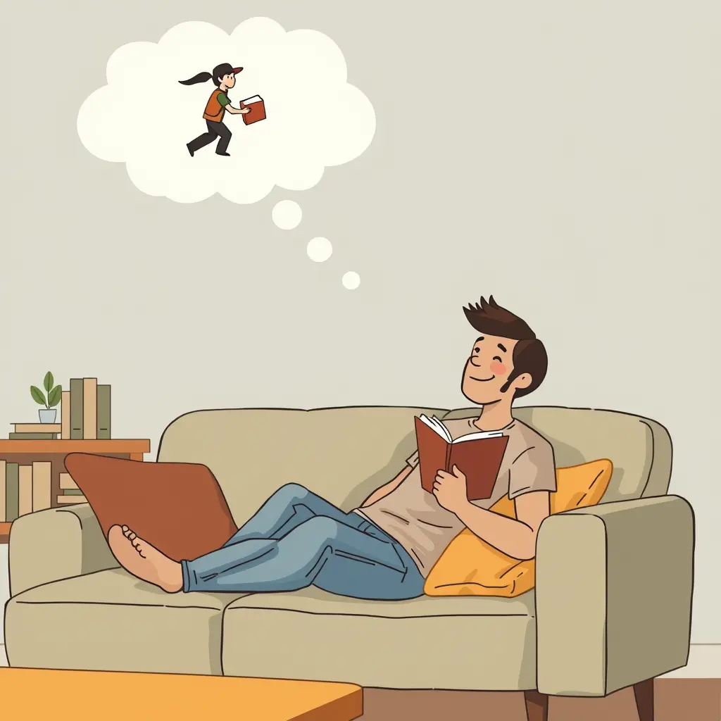 شخص قاعد على كنبة و مرتاح و عم يقرا بهدوء و مبسوط لانو الكتب عم نوصل لعند باب بيته و في فوق راسه غيمة الافكار مرسوم فيها مندوب التوصيل على باب بيته يوصل له الكتب