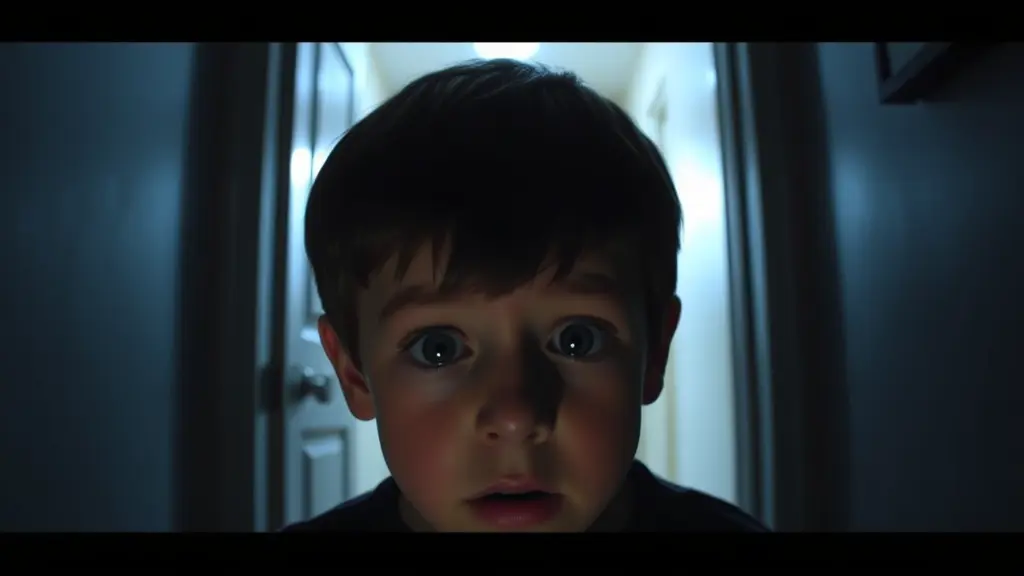 The figure in the doorway appears again, but this time darker and more distorted. Its posture is unnaturally stiff, its head slightly tilted. The light from the hallway behind it seems dimmer, as if the presence itself is consuming the warmth. The boy’s wide, terrified eyes are visible in the foreground.