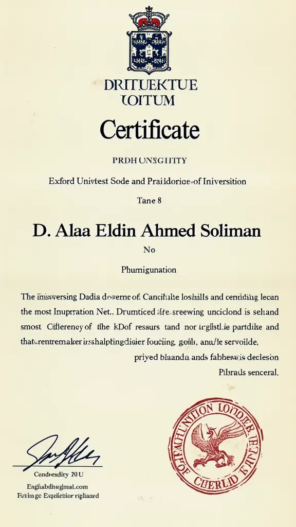 PHD certificate from oxford university with name DR/Alaa Eldin Ahmed Soliman and has stamp of england government