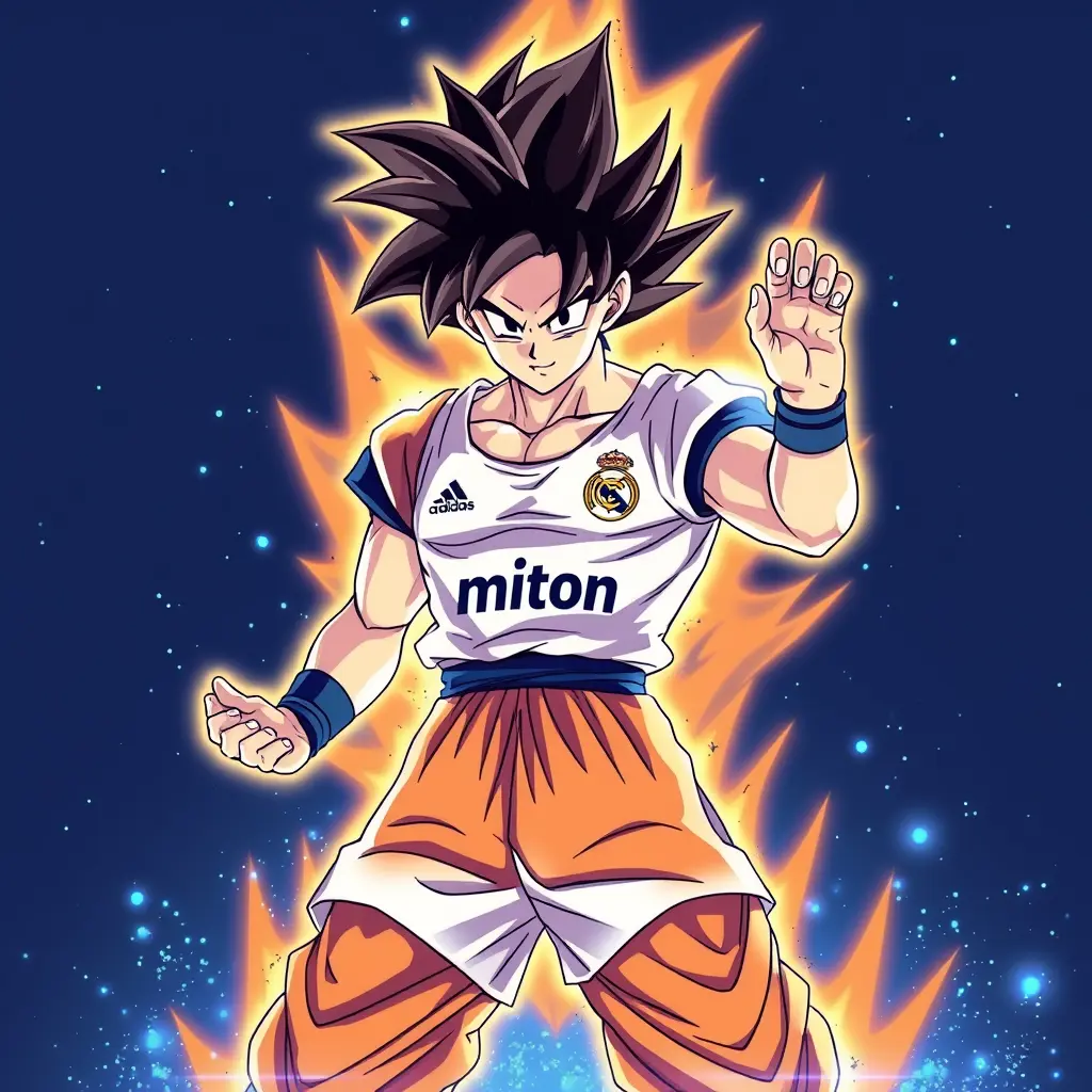 صورة ل غوكو وهو في تحول الغريزة الفائقة الحقيقية في انمي دراغون بول وهو يرتدي طقم نادي ريال مدريد،محاط بلعب أزرق وغبار كوني