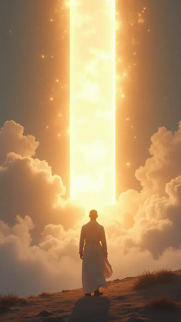 The man seeing the shining gates of paradise in the distance, glowing white and gold, surrounded by clouds and heavenly light, breathtaking view.