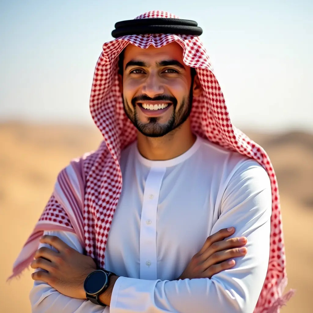 شاب وسيم ذو ملامح مصرية فى ال 30 من عمرة ذو لحية خفيفة وشارب خفيف، يرتدي شماخ وعقال سعودي ويرتدي ساعة ذكية ويبتسم وفى الخلفية صورة طبيعية لمنظر صحراوي