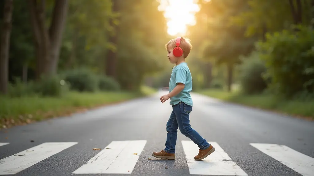 طفل يقطع الطريق مستمعا إلى الموسيقى