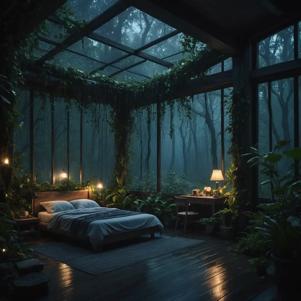 a fantasy forest room at night when it raining