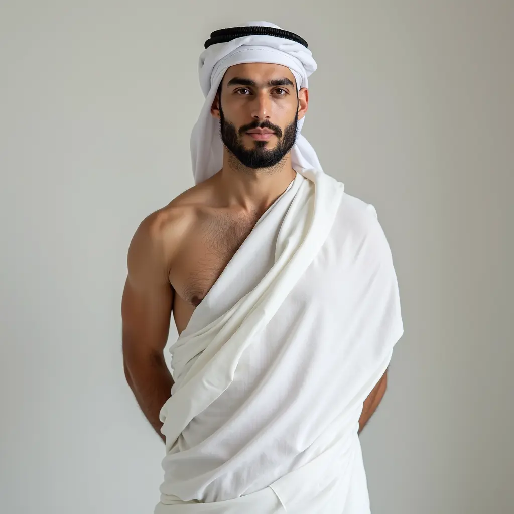 الرجل يرتدي ملابس الإحرام البيضاء البسيطة، التي تلتف حول جسده بشكل طاهر، مع تغطيته للجزء السفلي من جسده، بينما يظهر كتفه الأيمن ، لا يوجد عليه ملابس، في إ يوحي مظهره بالخشوع والتواضع، حيث لا شيء يشتت انتباهه سوى الإخلاص لله والنية الطاهرة في أداء مناسكه.