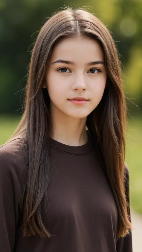 فتاه عمرها 14 سنه شعرها متوسط الطول ستريت وناعم ولونه بني غامق وملامحها جميله و نحيفهه جدا ترتدي ستايل رياضي