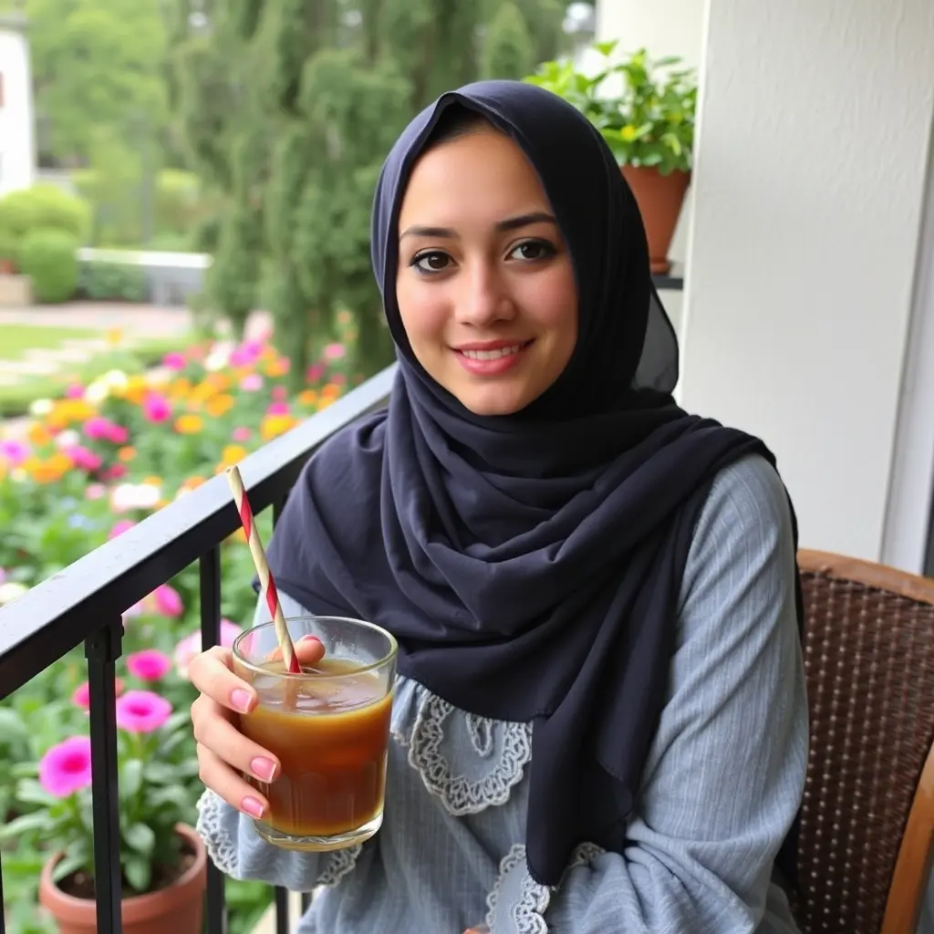 فتاة ثلاثينية  محجبة تحمل المتة بالمصاصة تجلس على بلكونة تطل على حديقة زهور