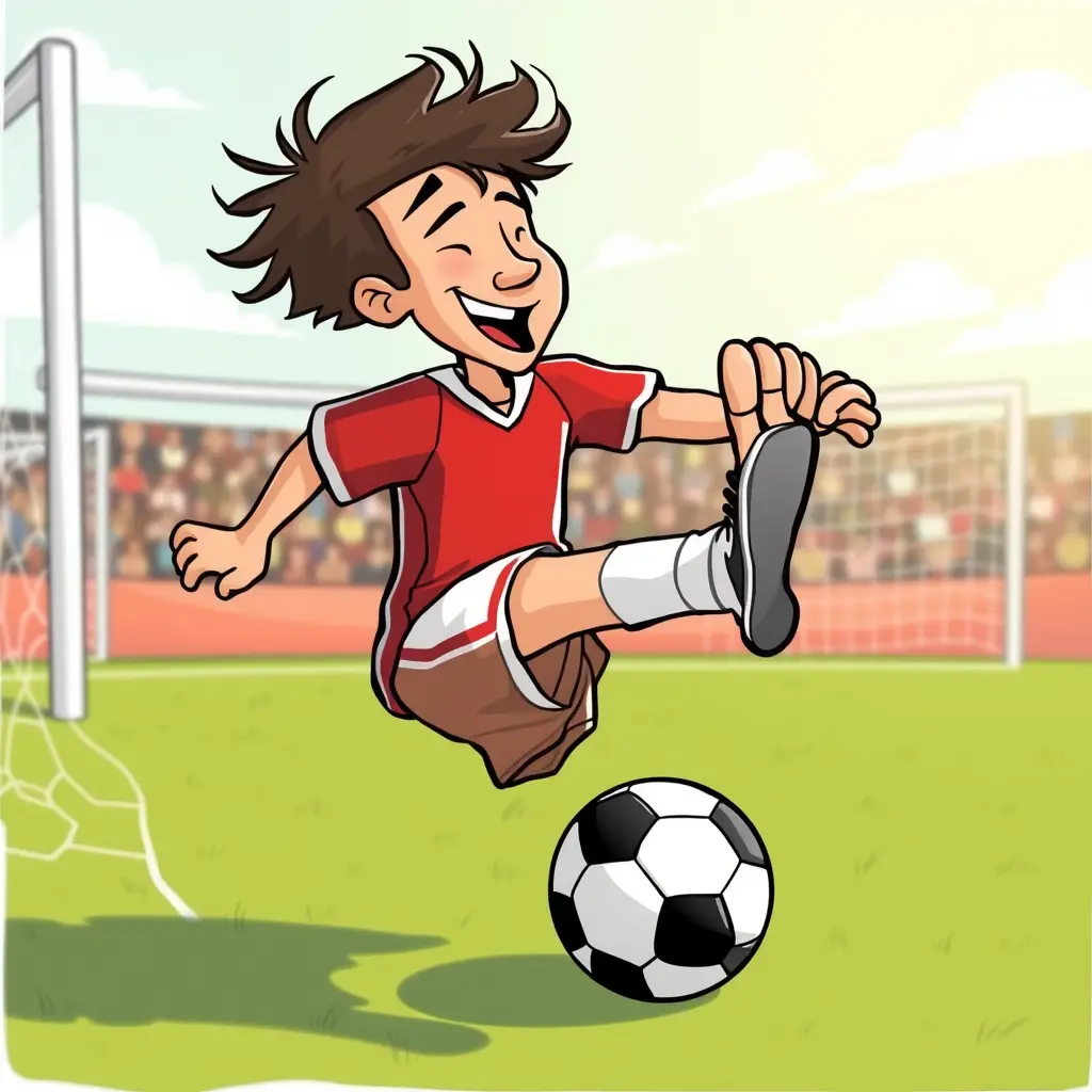رسم كاريكاتوري مضحك للاعب كرة قدم يسجل مع بروز أصبع قدمه الكبير