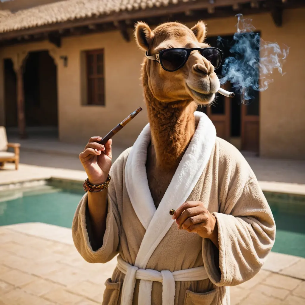 جمل يرتدي نظارة شمسية ويدخن البيب يرتدي روب حمام