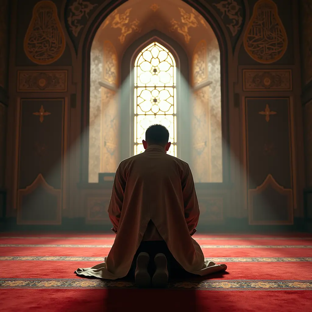 صوره لشخص يصلي في مسجد ويسجد