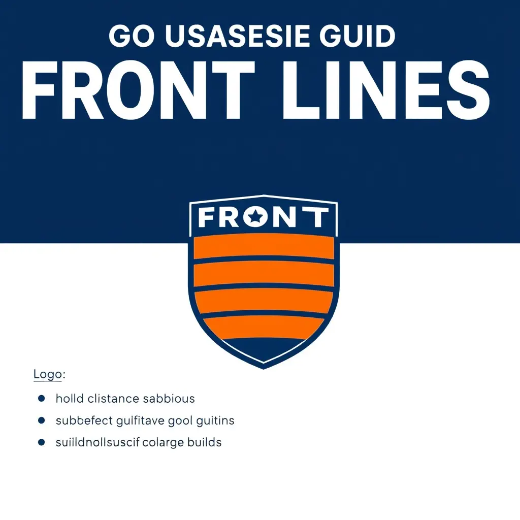 ---

دليل استخدام الشعار – FRONT LINES

1. الشعار الرئيسي

الشعار يتكون من نص "FRONT LINES" بخط عريض نظيف، مع درع يحتوي على 3 خطوط أفقية برتقالية.

يتم استخدام النسخة الكاملة من الشعار في كل المواد الرسمية.


2. الألوان الرسمية

كحلي غامق (Navy Blue):
HEX: #0D1B2A
RGB: (13, 27, 42)

برتقالي (Orange):
HEX: #F4A300
RGB: (244, 163, 0)


3. استخدامات مسموحة

استخدام الشعار على خلفية بيضاء أو فاتحة.

الحفاظ على المسافات الآمنة حول الشعار.

يمكن تصغير الشعار بشرط الحفاظ على وضوح التفاصيل.


4. استخدامات غير مسموحة

لا تقم بتغيير ألوان الشعار.

لا تستخدم مؤثرات مثل الظل 


5. المساحة الآمنة

اترك مسافة تعادل نصف ارتفاع الدرع كحد أدنى حول الشعار لتجنب الزحام البصري.