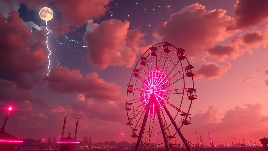 صوره ملاهي 🎡 وأجواء بمبيه حمراء قليله pink فاتح و غامض بعض الشئ ، لكن تكون ملاهي مغلقه ومهجوره  وليس فيها أحد وليس فيها شئ غير كرسى مهجور ايضا وغامض وبنى ودارك وهذه العجله 🎡 تكون مضيئه بالون ال Pink المشع الجميل ونجوم فى السماء مضيئه بنفس اللون البمبى والقمر أيضا جميل وسحاب ملئ فى السماء  باللون الPink أيضا  وفى الخلف أبراج ومدينه خفيه وغير معروف ملامحها وصدرها تكون مخفيه وسحاب كثير مغنى السماء سحاب كثير جدا سماء مليئه بالسحاب والنجوم على السحاب  امام الملاهي عمود نور مدينى 
 جميل و السماء رعد وبرق ياتى ضوئه على عجلع الملاهى و لونه pink أيضا،  صوره Dark و جميله  وزاهيه  ستايل 3D Rendering