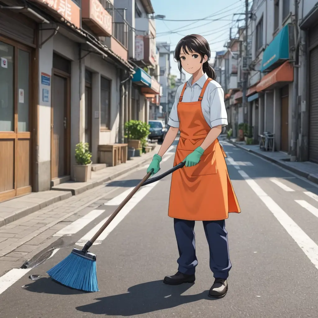 صورة كرتونية أنمي لرجل نظافة ينظف الشارع