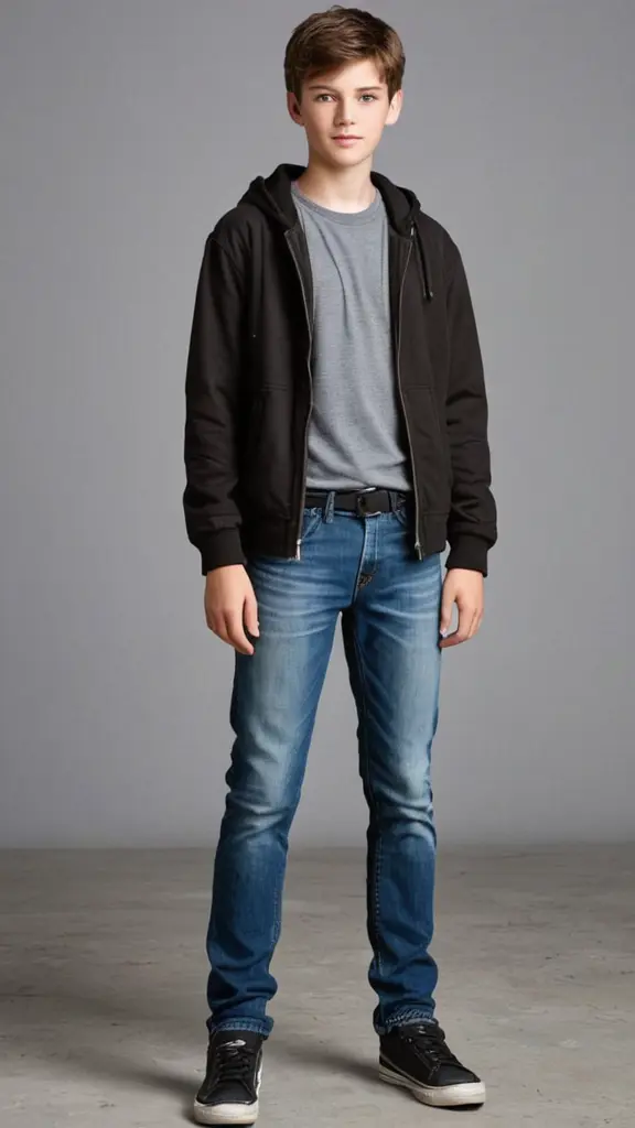 ولد عمره 14 سنه وسيم لون عيوني زرقاء بوابة زمنية شعره بني غامق قصير  يرتدي Distressed Jeans