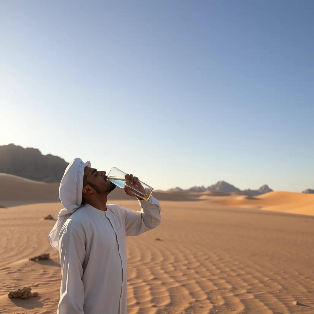 علي شاكر يشرب ماء في الصحراه