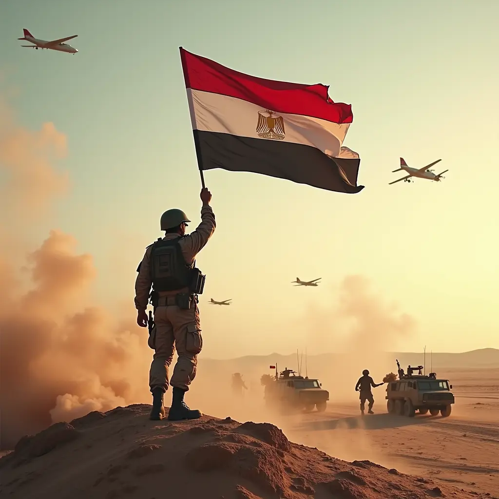 جندي يرفع علم مصر على جبهه سيناء في وسط الحرب في وسط القصف طائرات حربيه تعبر من فوقه وتقصف في خط برليف والجنود تسير بالالات الحربيه والاسلحه