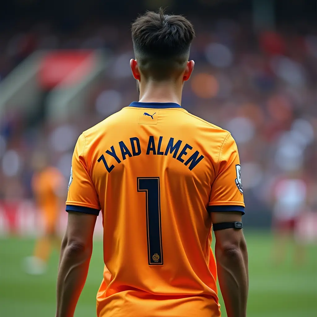 لاعب كوره واقف بي ضهرو مكتوب علي التشرت من ورا ZYAD ALMEN ورقم 1
