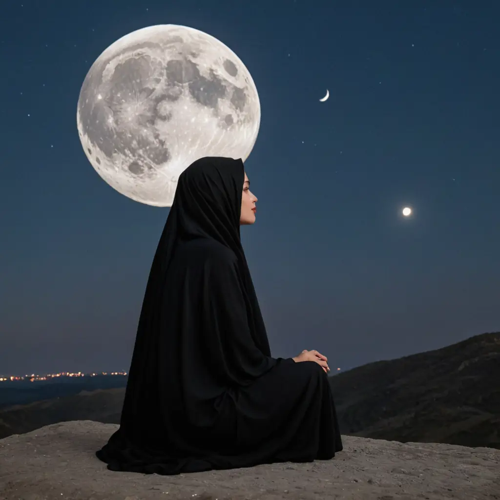 القمر يكون اصغر من كدا وبتبص ع القمر تكون بضحك قمر اصغر من كدا والبت تكون البس حجاب وبتبص ع القمر من بعيد بتت قاعده ع لارض ولابس حجاب لبس لون اسود