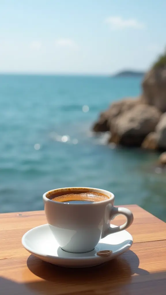 فنجان قهوه تركي على طرابيزه امام البحر