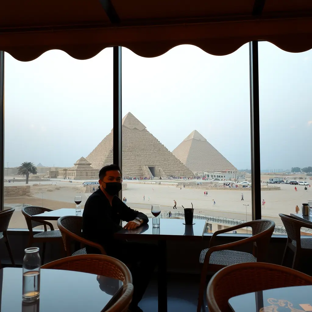 صوره للمصمم علاوي العلوي بجنب الاهرام في كافيه