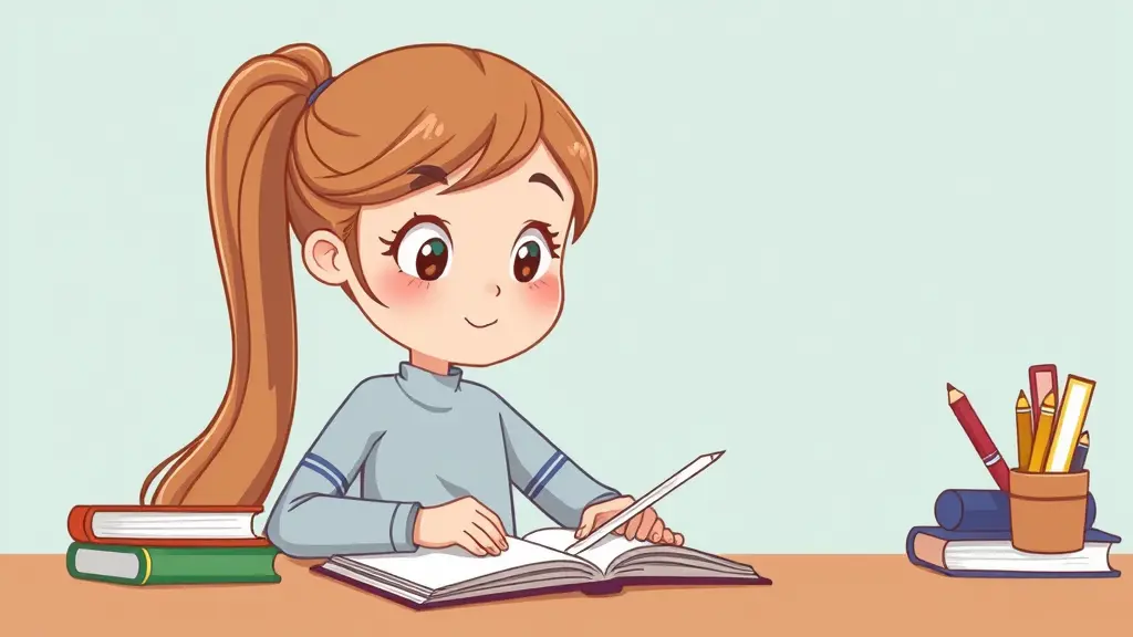 بنت صغير لطيفة كارتون بشعر طويل تذاكر دروسها ومكتوب علي الصورة Celia