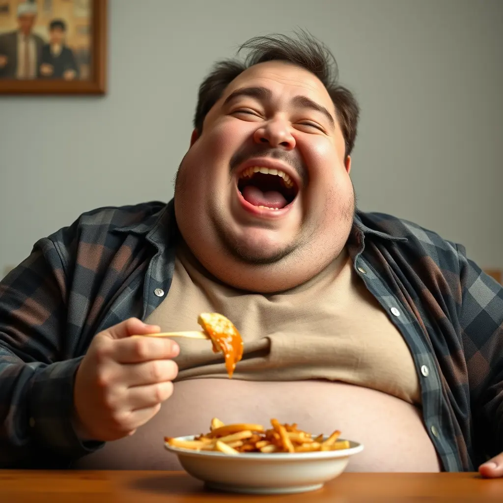 رجل سمين جدا منفولي يضحك بشدة ويأكل