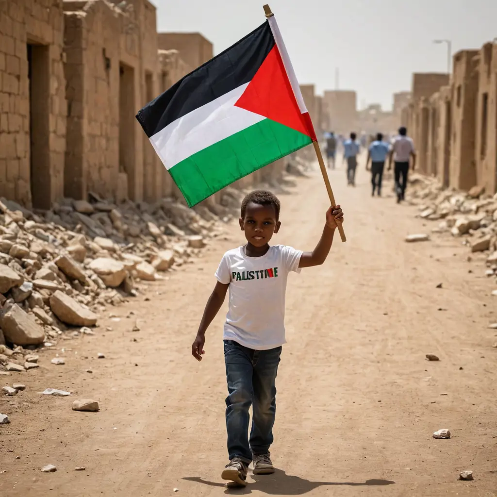 صوره لطفل يحمل علم فلسطين والسودان