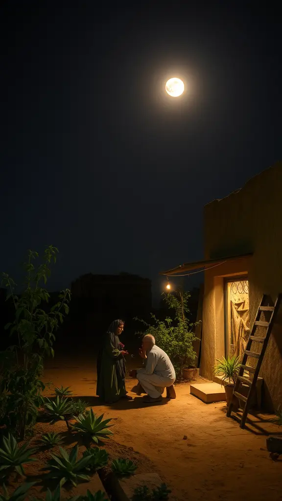 يتسامرون بالليل بقرب الزرع تحت ضوء القمر بالريف في اليمن جنب بيوت قديمه