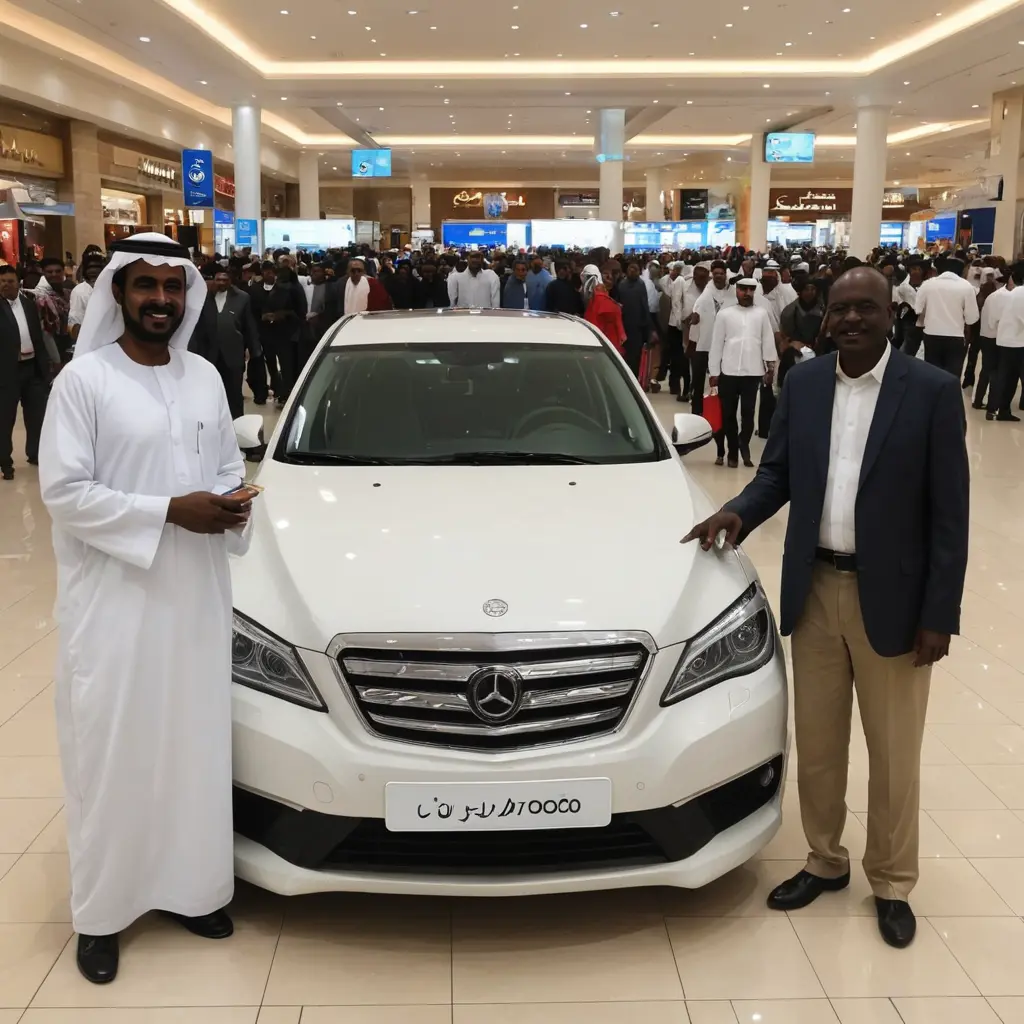 رجل سوداني في احد المولات التجارية يحصل على سيارة جائزة في السعودية
